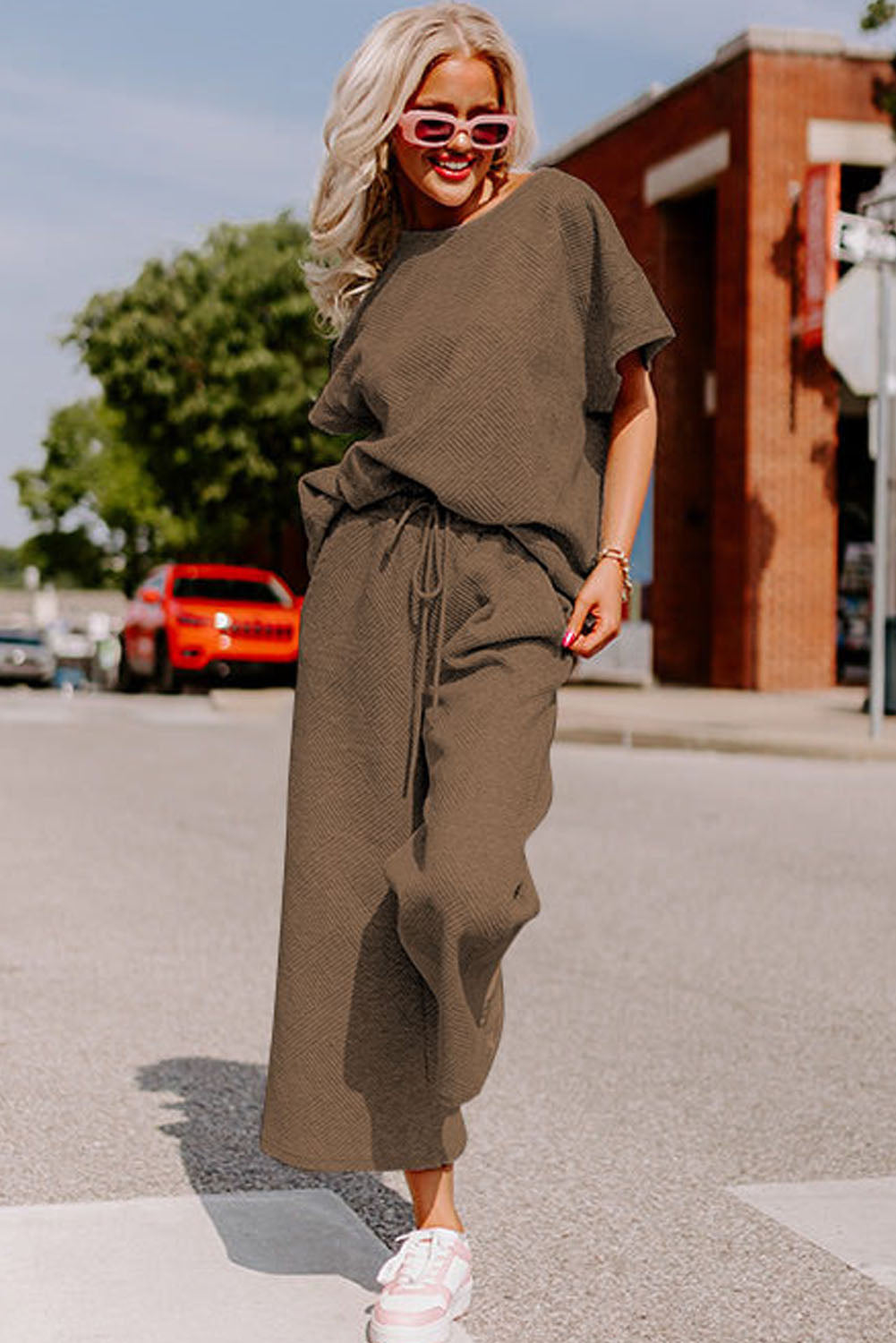 Black Textured Loose Fit T Shirt and Drawstring Pants Set