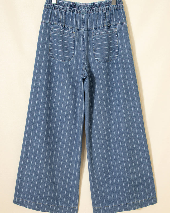 Sky Blue Stripe Button Pleated Drawstring Waist Casual Wide Leg Jeans