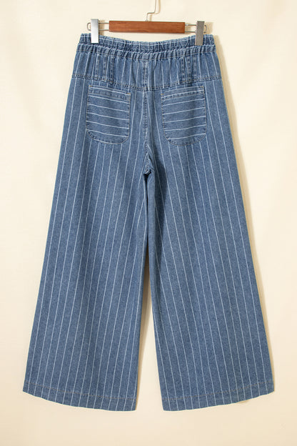 Sky Blue Stripe Button Pleated Drawstring Waist Casual Wide Leg Jeans