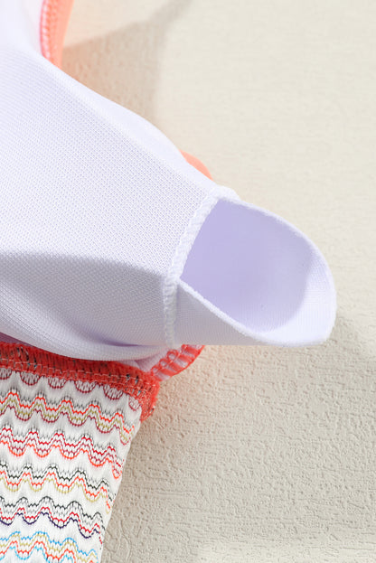 Peach Blossom Striped Patchwork Spaghetti Strap High Waist Bikini Swimsuit