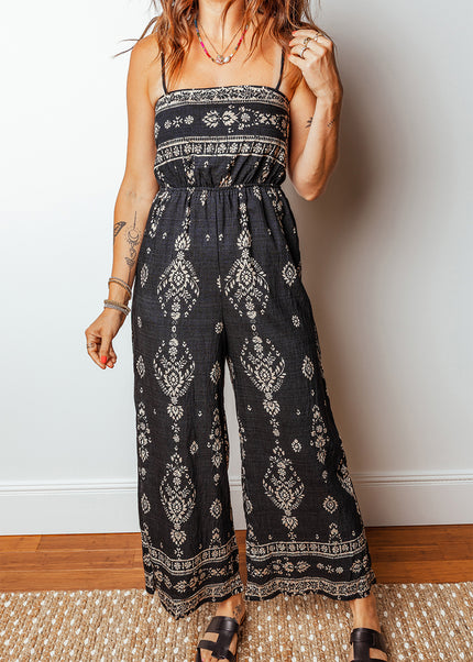 Black Spaghetti Straps Elastic Waist Loose Ethnic Print Jumpsuit
