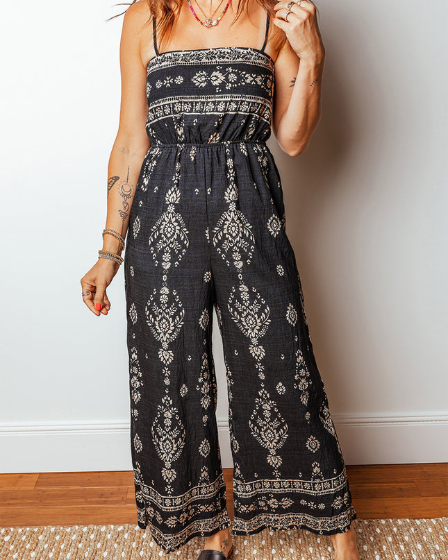 Black Spaghetti Straps Elastic Waist Loose Ethnic Print Jumpsuit