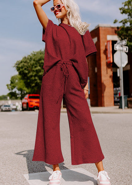 Black Textured Loose Fit T Shirt and Drawstring Pants Set