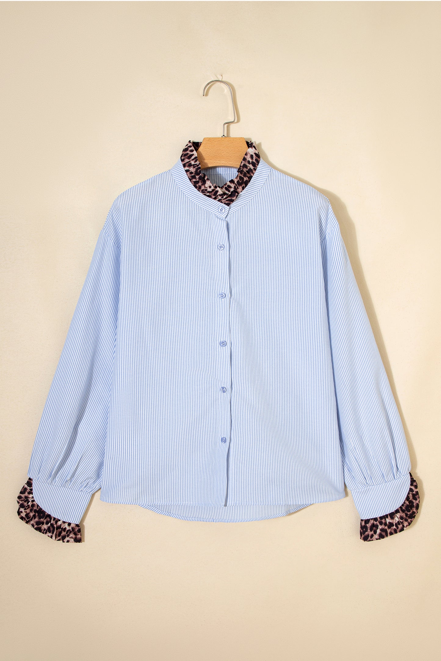 Sky Blue Stripe Ruffled Leopard Patchwork Long Sleeve Button Down Loose Shirt