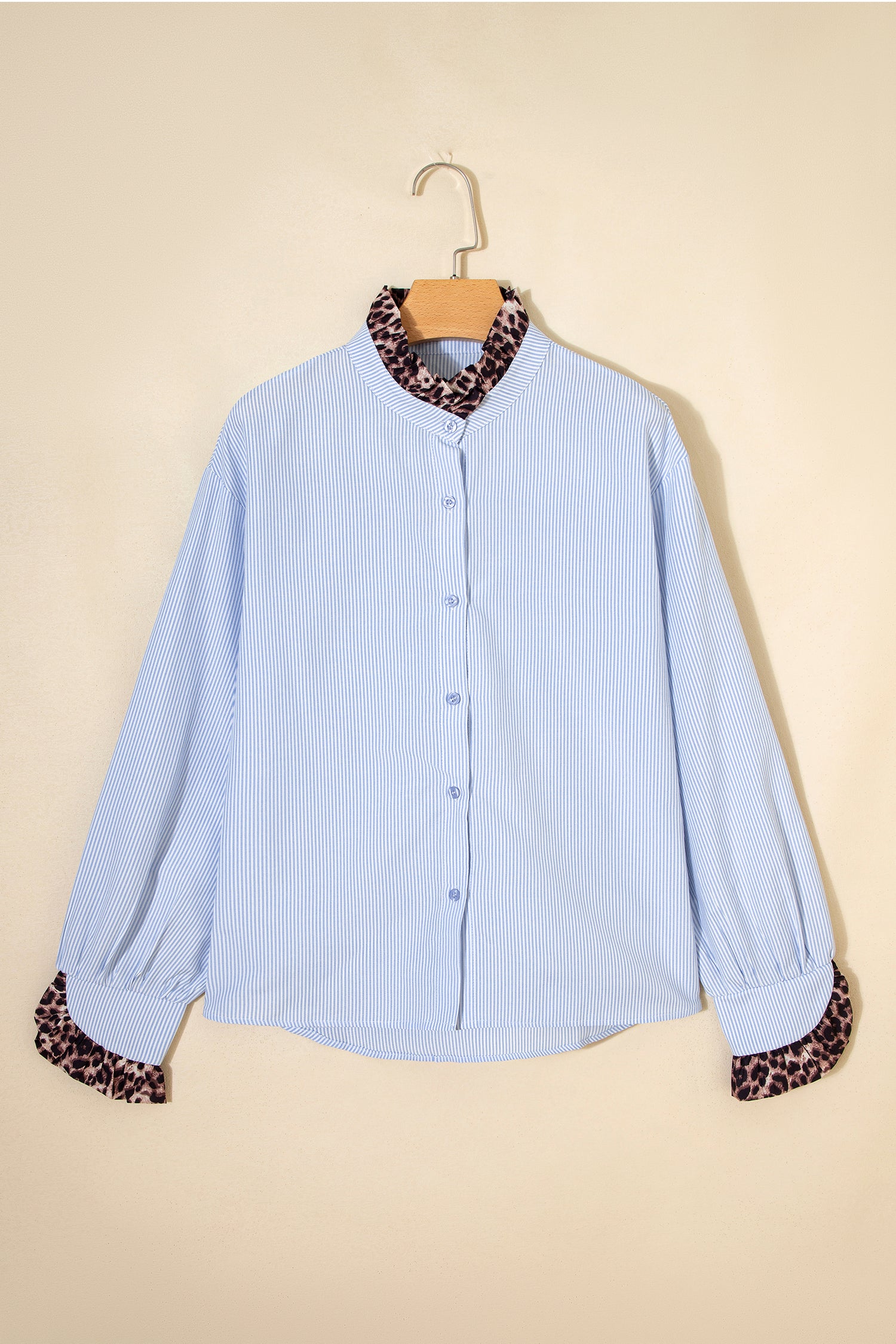 Sky Blue Stripe Ruffled Leopard Patchwork Long Sleeve Button Down Loose Shirt