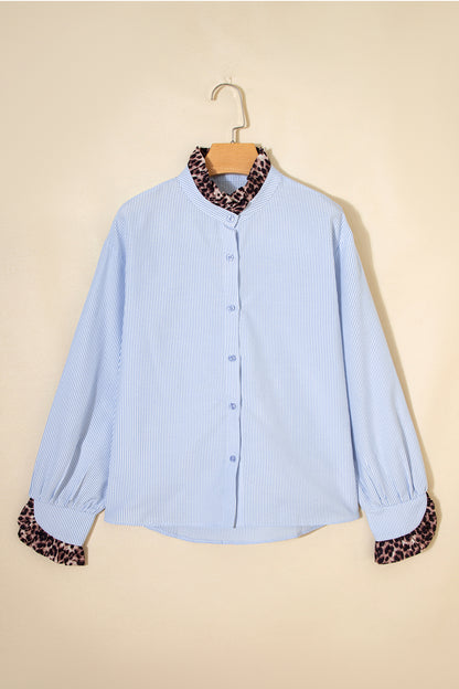 Sky Blue Stripe Ruffled Leopard Patchwork Long Sleeve Button Down Loose Shirt