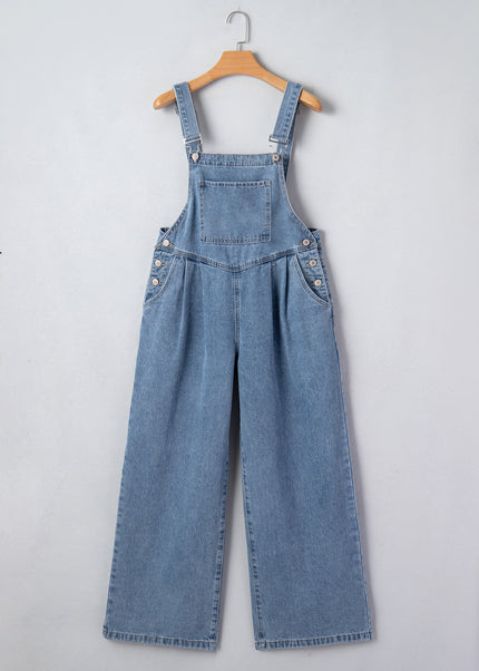 Dusk Blue Pleated Wide Leg Retro Pocketed Denim Jumpsuit