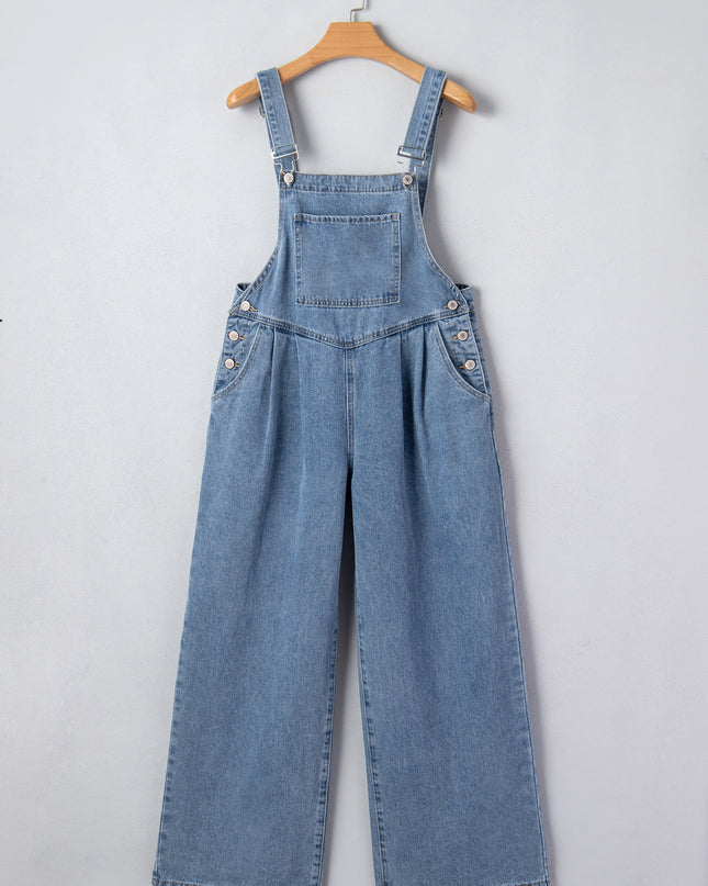 Dusk Blue Pleated Wide Leg Retro Pocketed Denim Jumpsuit