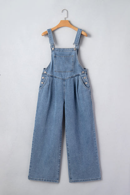Dusk Blue Pleated Wide Leg Retro Pocketed Denim Jumpsuit