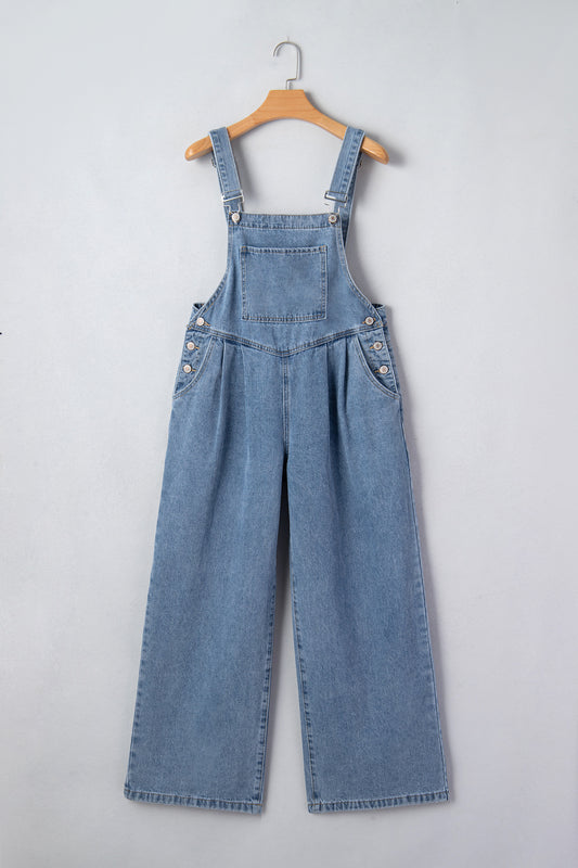 Dusk Blue Pleated Wide Leg Retro Pocketed Denim Jumpsuit