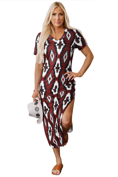 Red Western Aztec Printed Long T-shirt Dress