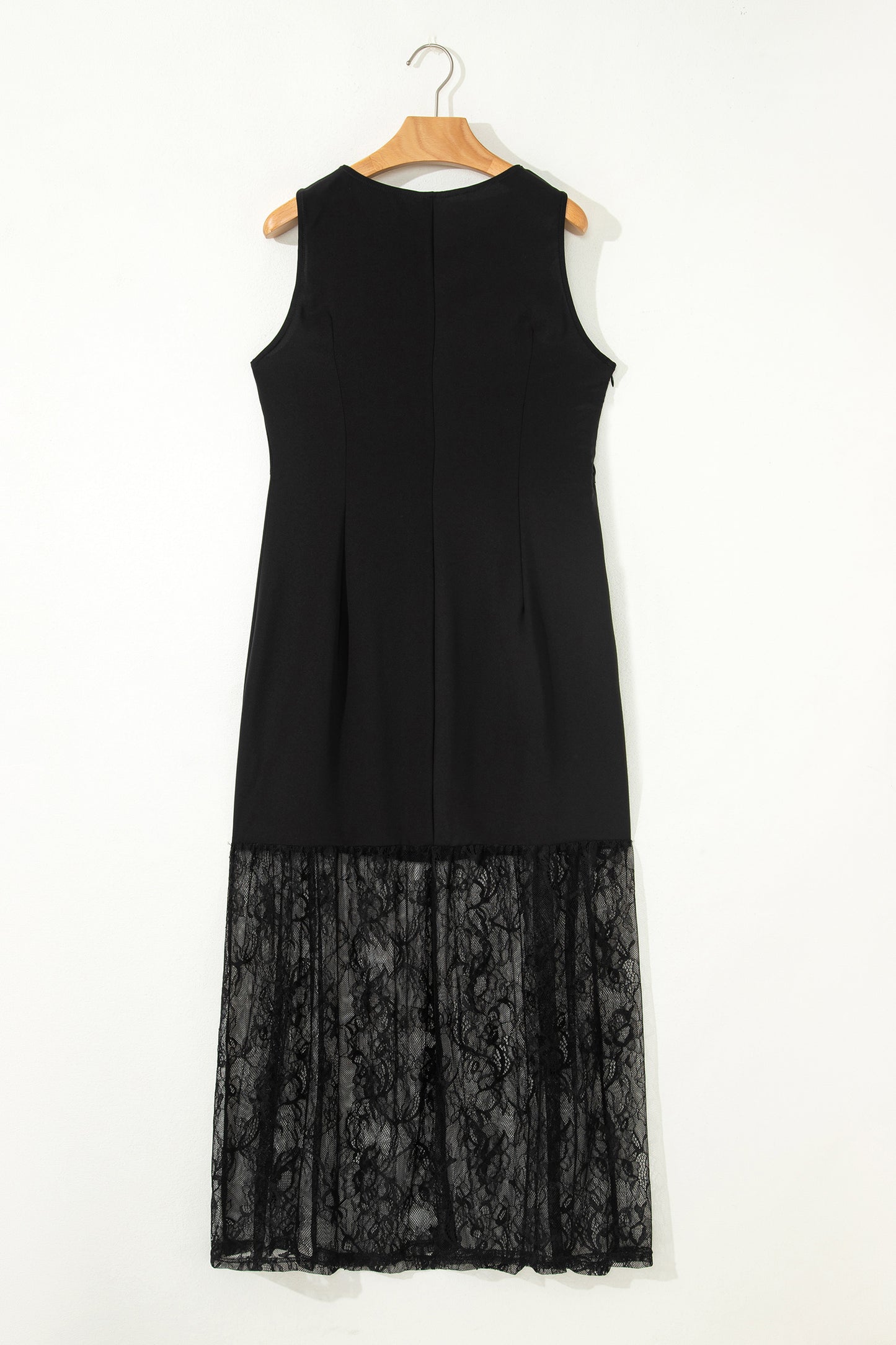Black Solid Color Sleeveless Sheer Floral Lace Patchwork Long Dress