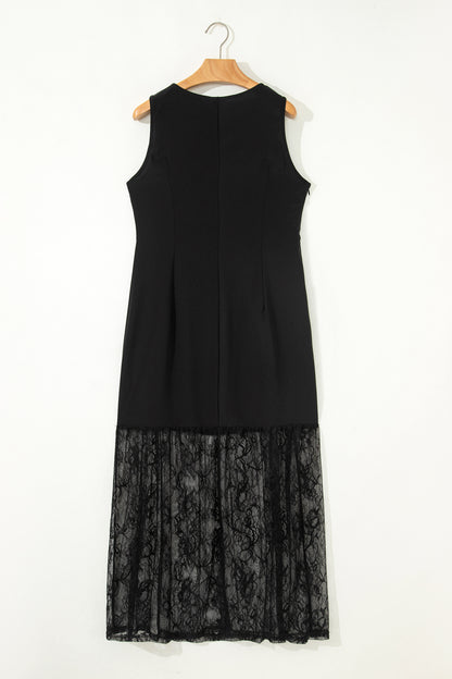 Black Solid Color Sleeveless Sheer Floral Lace Patchwork Long Dress