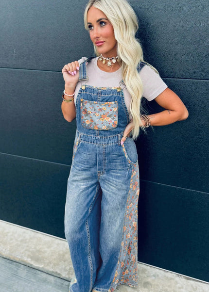Peacock Blue Floral Patchwork Bib Denim Wide Leg Overalls