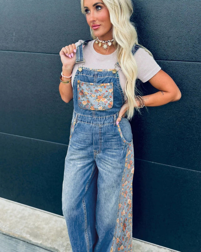 Peacock Blue Floral Patchwork Bib Denim Wide Leg Overalls