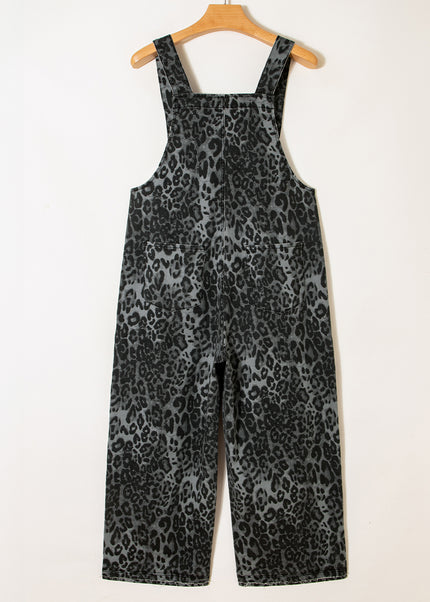 Gray Leopard Print Button Adjustable Straps Cropped Loose Denim Overalls