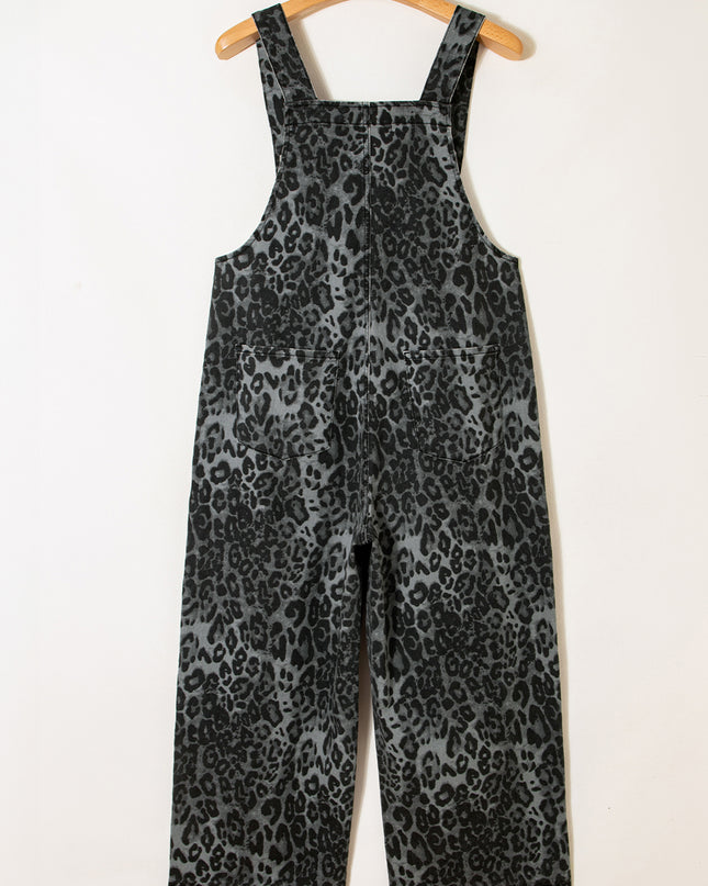 Gray Leopard Print Button Adjustable Straps Cropped Loose Denim Overalls