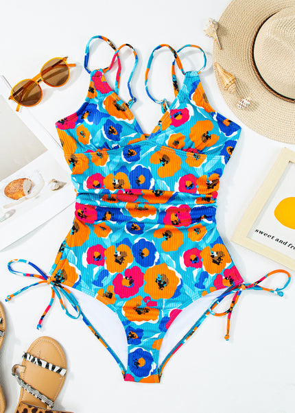 Sky Blue Adjustable Straps Ribbed Knit One Piece Swimsuit