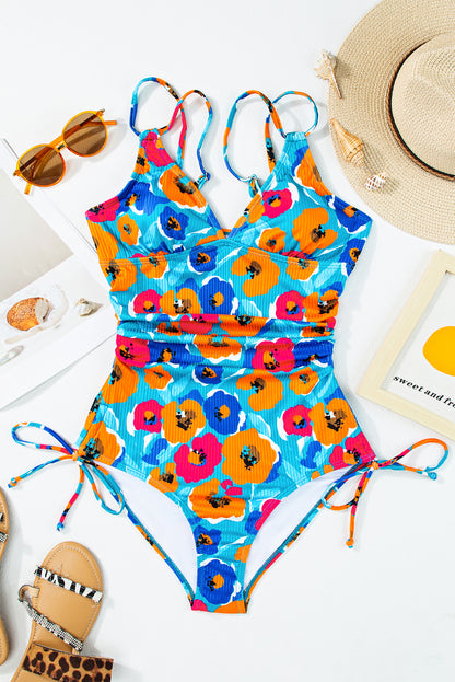 Sky Blue Adjustable Straps Ribbed Knit One Piece Swimsuit