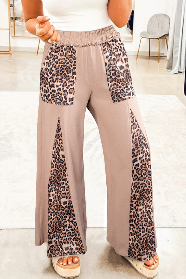 Straw Yellow Mineral Wash Leopard Patchwork Wide Leg Pants