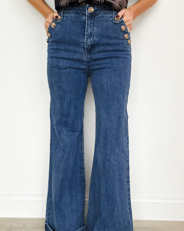 Ashleigh Blue Golden Button Detail Rolled Edge Flare Leg Jeans