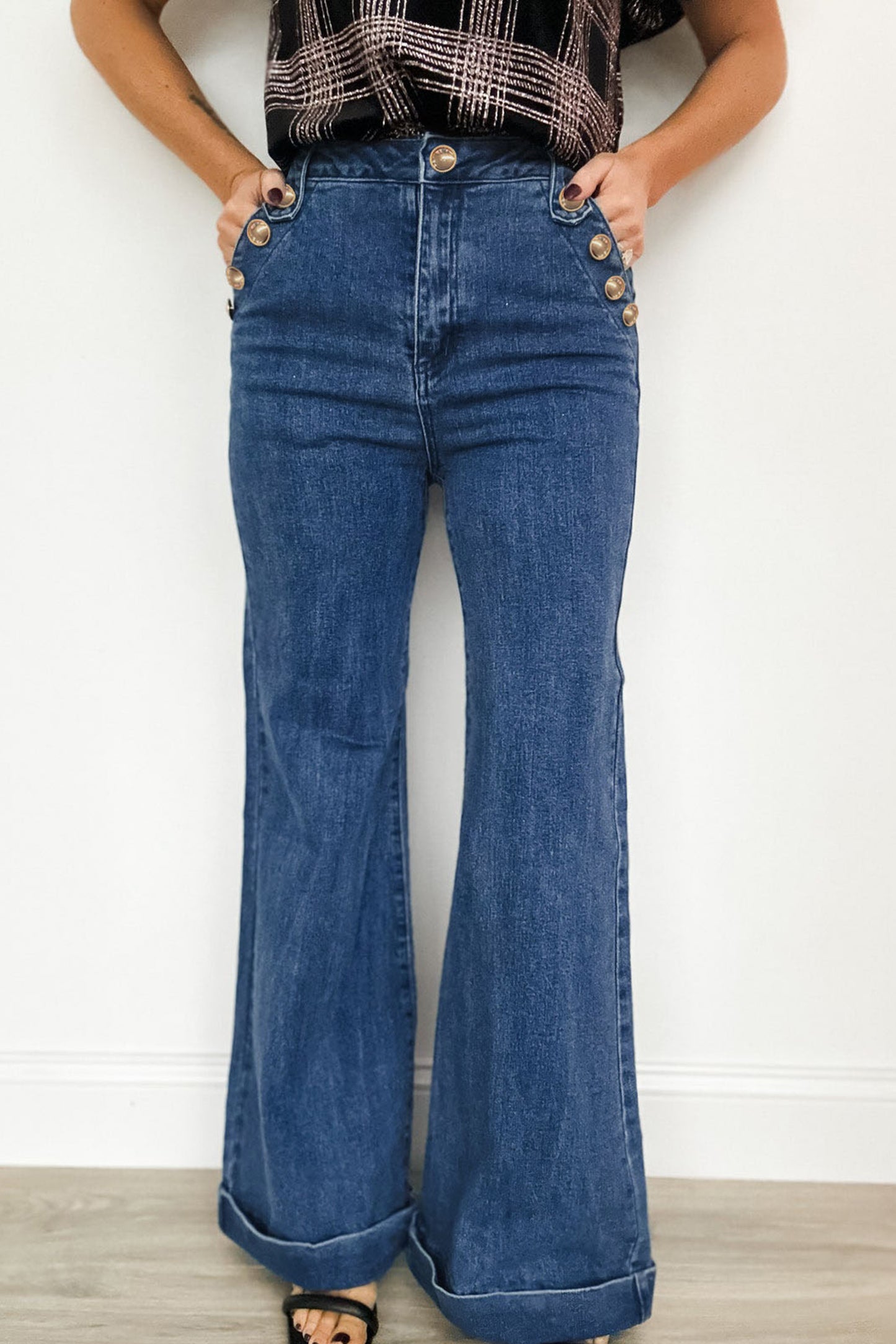 Ashleigh Blue Golden Button Detail Rolled Edge Flare Leg Jeans