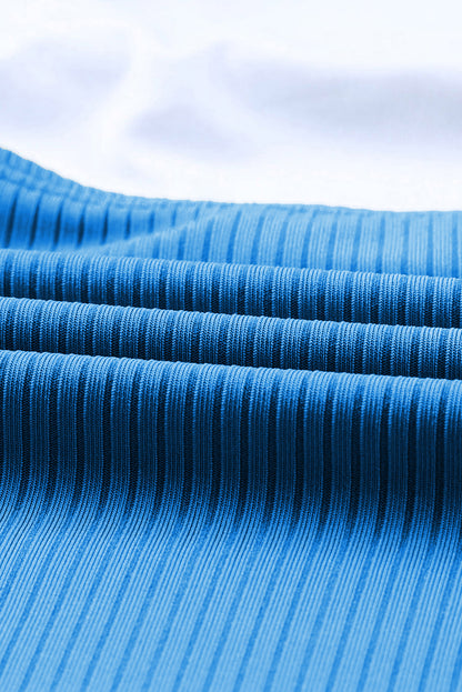 Sky Blue Adjustable Straps Ribbed Knit One Piece Swimsuit