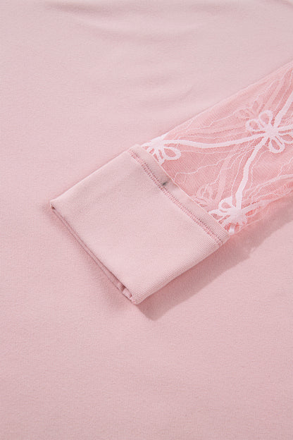 Light Pink Solid Color Bow Textured Patchwork Long Sleeve Tee