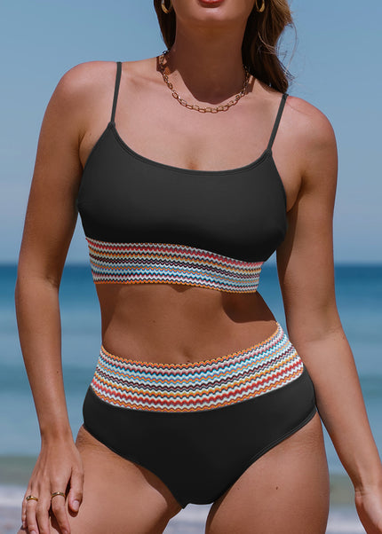 Peach Blossom Striped Patchwork Spaghetti Strap High Waist Bikini Swimsuit