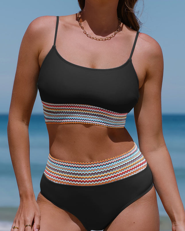Peach Blossom Striped Patchwork Spaghetti Strap High Waist Bikini Swimsuit