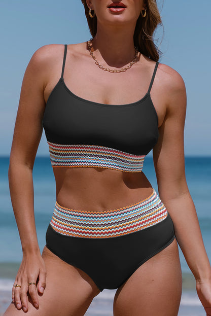 Peach Blossom Striped Patchwork Spaghetti Strap High Waist Bikini Swimsuit