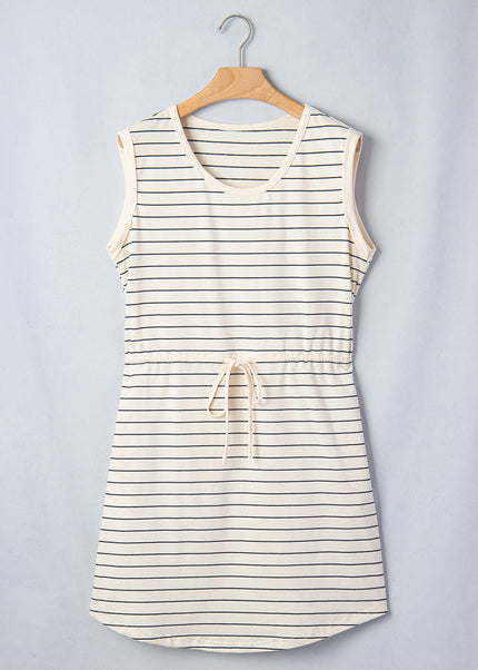 Beige Stripe Drawstring Tunic Tank Mini Dress with Pockets