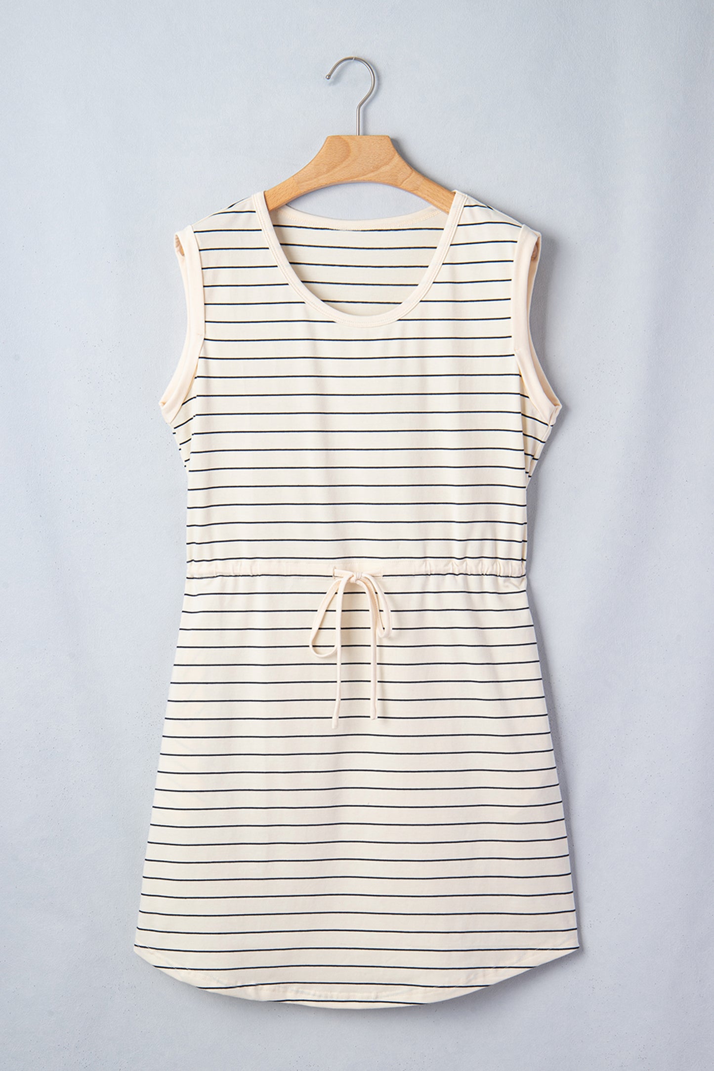 Beige Stripe Drawstring Tunic Tank Mini Dress with Pockets