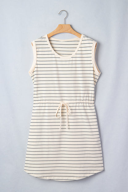 Beige Stripe Drawstring Tunic Tank Mini Dress with Pockets