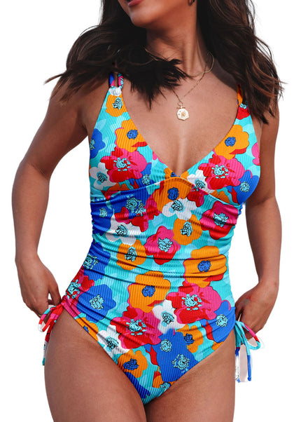 Sky Blue Adjustable Straps Ribbed Knit One Piece Swimsuit