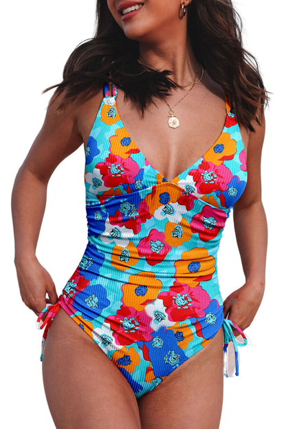 Sky Blue Adjustable Straps Ribbed Knit One Piece Swimsuit