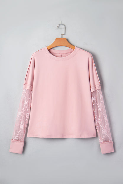 Light Pink Solid Color Bow Textured Patchwork Long Sleeve Tee