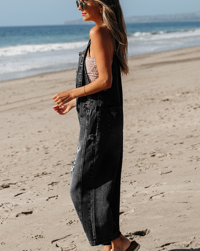 Stone Blue Distressed Bib Pocket Wide Leg Denim Overall