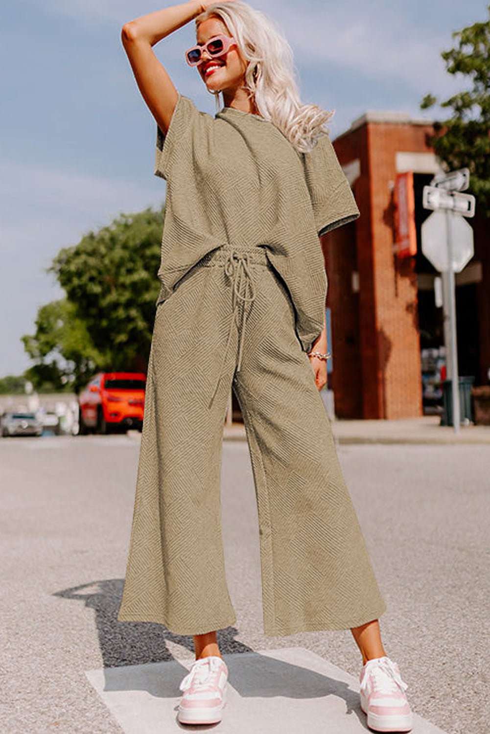 Black Textured Loose Fit T Shirt and Drawstring Pants Set