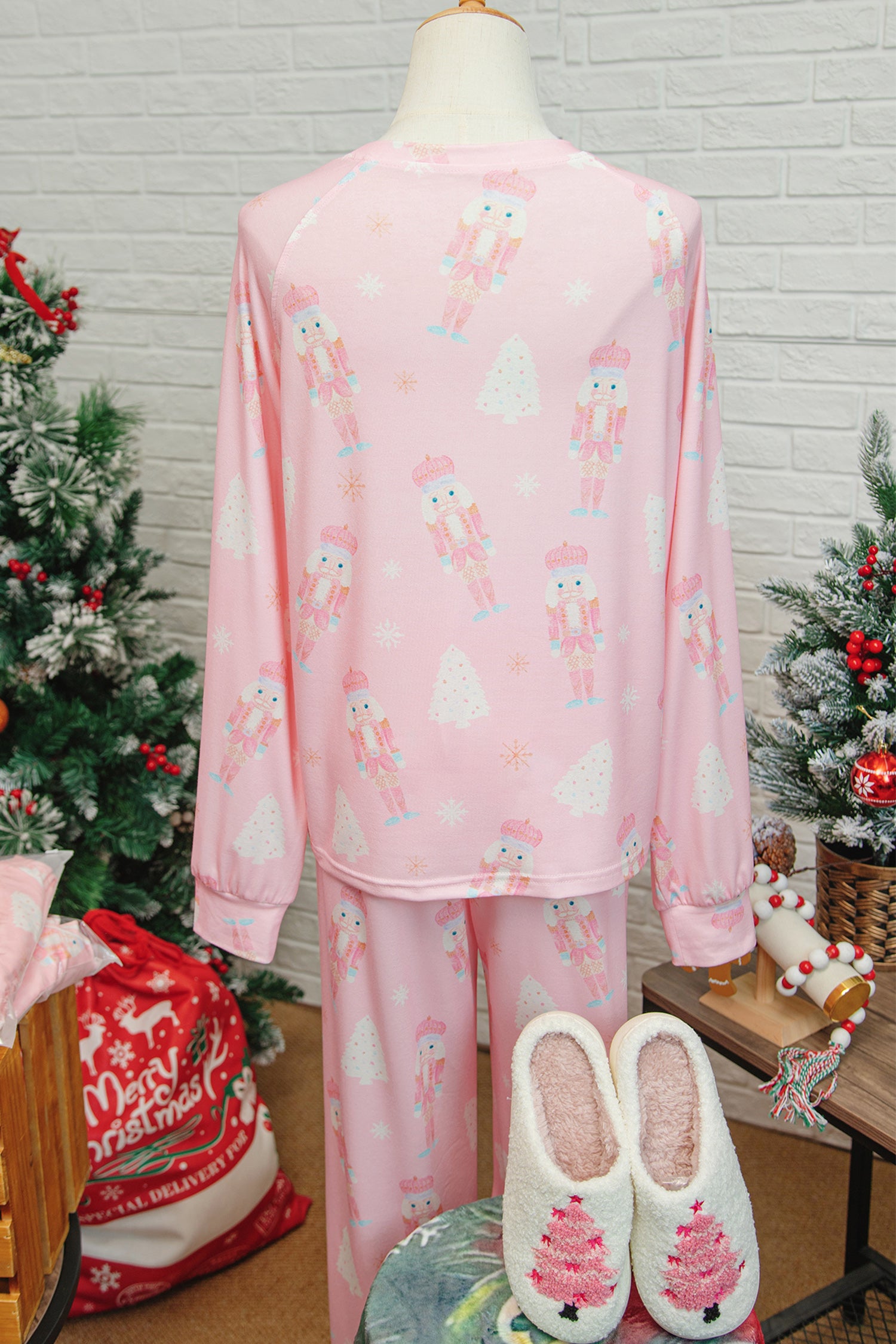 Pink Christmas Tree Nutcracker Print 2pcs Lounge Pant Set