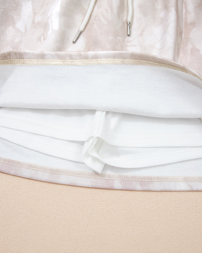 White Abstract Woodland Print Balloon Sleeve Pullover Drawstring Mini Skort Set
