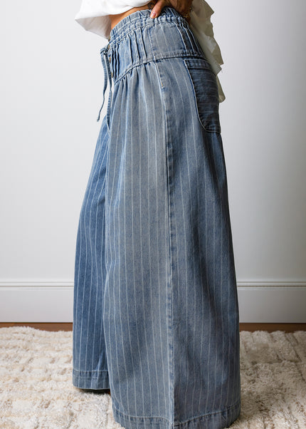 Sky Blue Stripe Button Pleated Drawstring Waist Casual Wide Leg Jeans