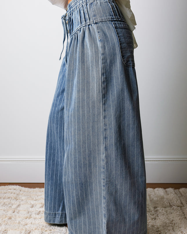 Sky Blue Stripe Button Pleated Drawstring Waist Casual Wide Leg Jeans
