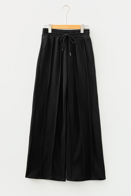 Black Seamed Drawstring High Waist Wide Leg Sweatpants