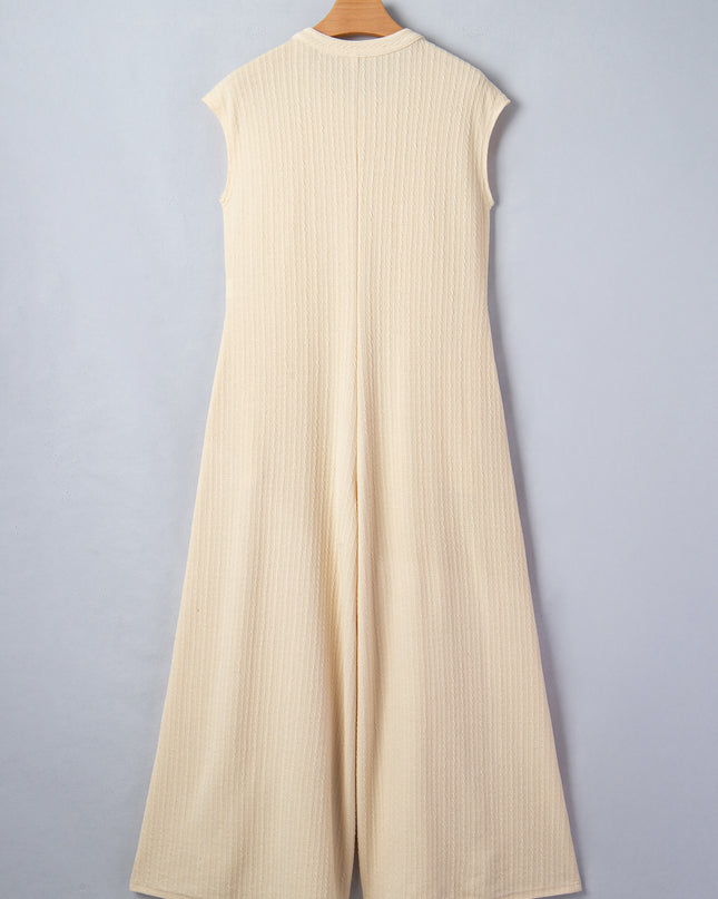 Jet Stream Half Buttons Ribbed Knit Wide Leg Jumpsuit
