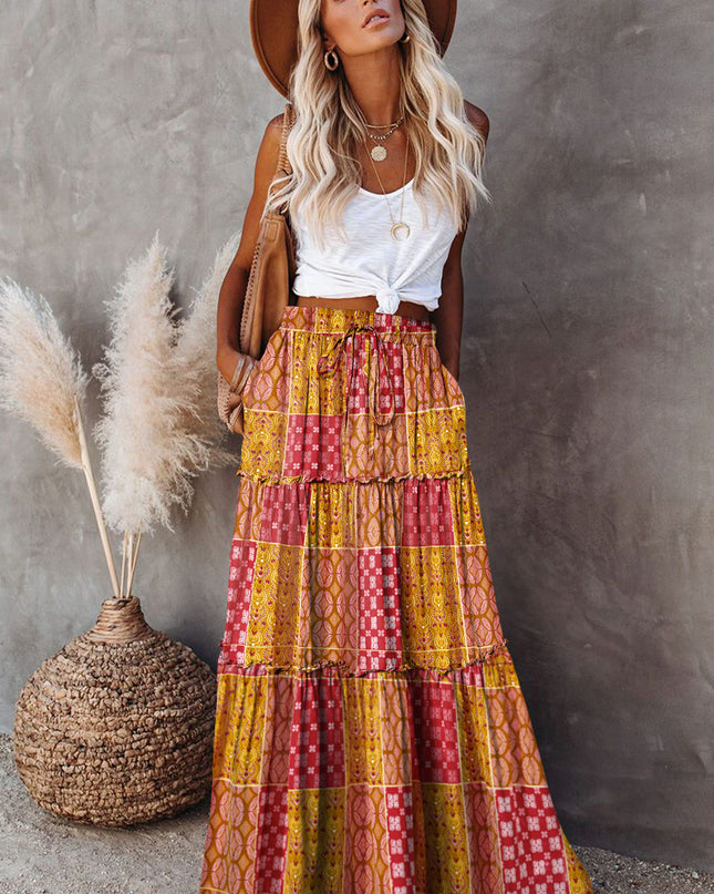 Purple Tiered Paisley Print Pocketed Maxi Skirt