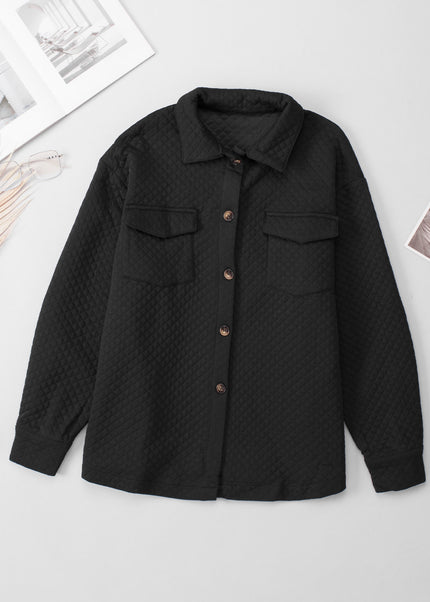 Black Retro Quilted Flap Pocket Button Shacket