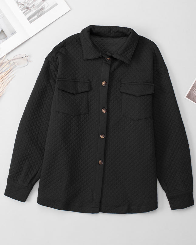 Black Retro Quilted Flap Pocket Button Shacket