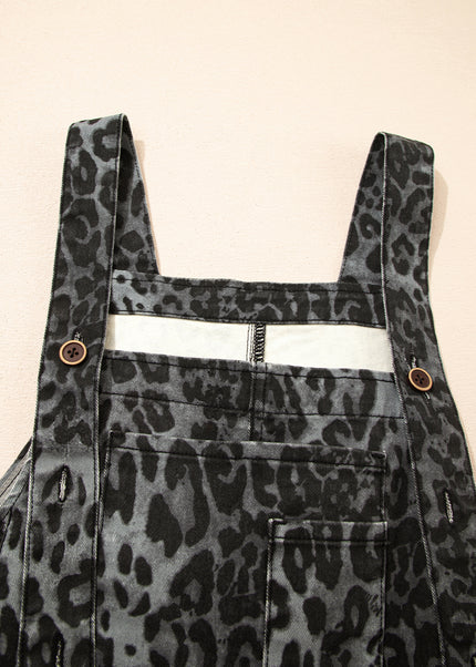 Gray Leopard Print Button Adjustable Straps Cropped Loose Denim Overalls