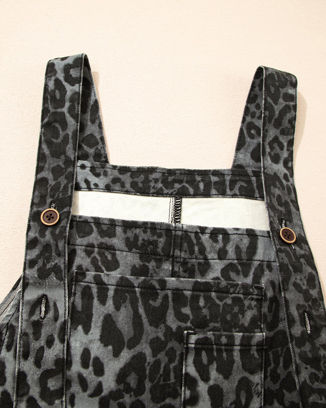 Gray Leopard Print Button Adjustable Straps Cropped Loose Denim Overalls